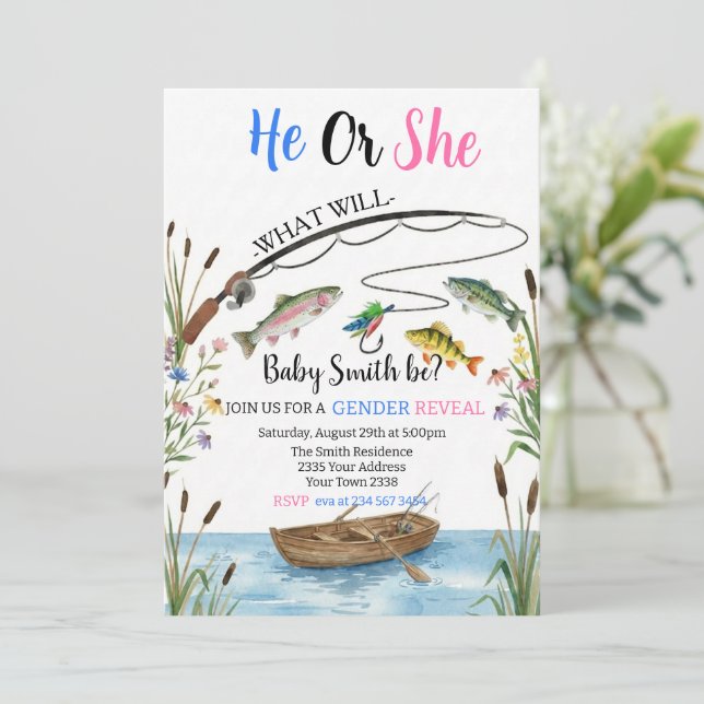 Fishing Gender Reveal Invitation, Fish-HE Fish-SHE Invitation (Standing Front)