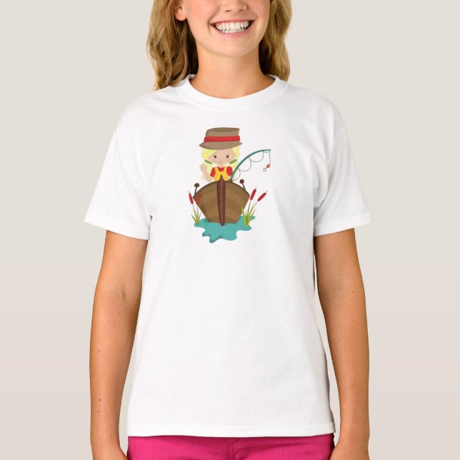 Fishing Girl, Fishing Rod, Fisherman, Blonde Hair T-Shirt (Front)