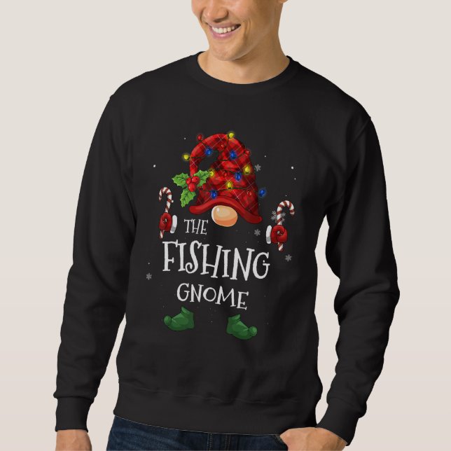 Fishing Gnome Buffalo Plaid Christmas Tree Light Sweatshirt (Front)