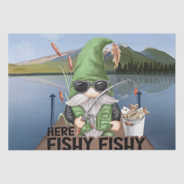 Fishing Gnome "Here Fishy Fishy" Decoupage Tissue Paper (Front)
