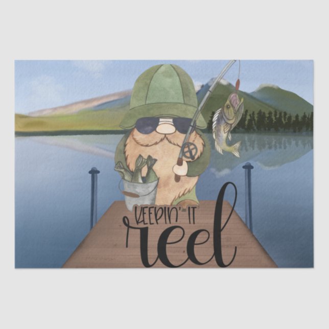 Fishing Gnome "Keepin' It Reel" Decoupage Tissue Paper (Front)