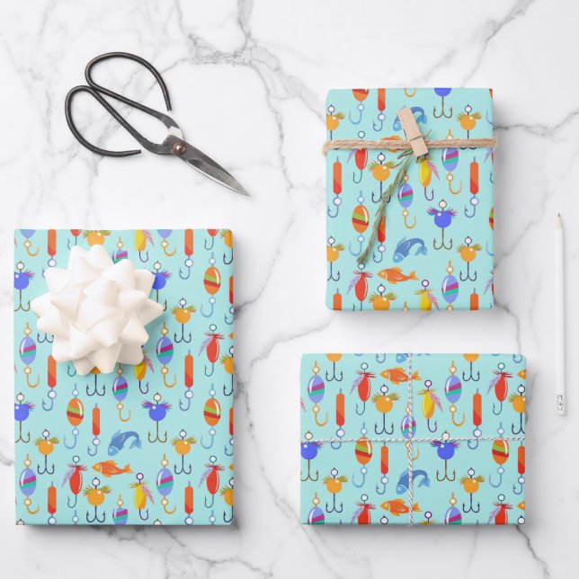 Fishing Hook Lure Fish Fishing Pattern Wrapping Paper Sheet (Front)
