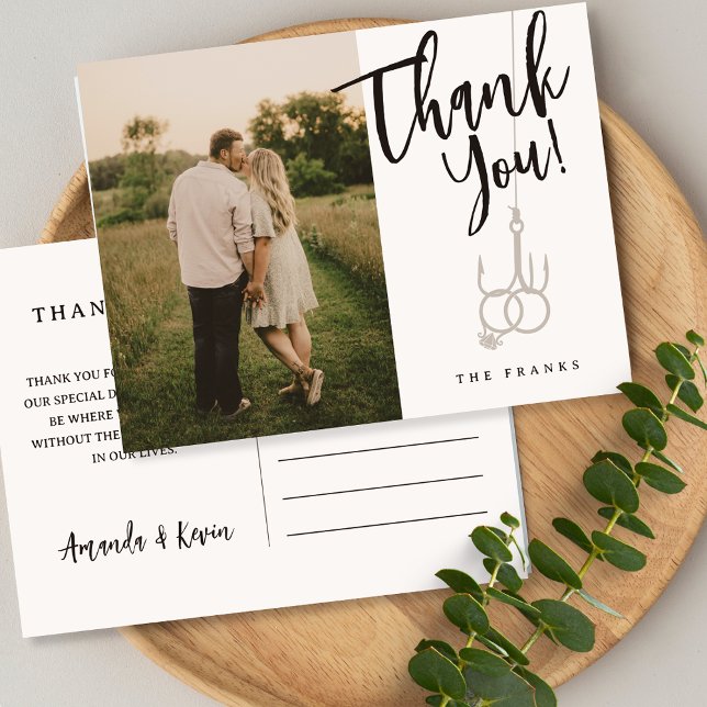 Fishing Hook Picture Postcard Wedding Thank You (Fishing Themed Wedding Picture Thank You Postcard in Black )