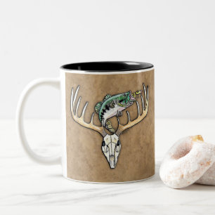 Fishing Hunting Bass jump Deer Skull Antlers Two-Tone Coffee Mug
