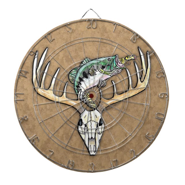 Fishing Hunting Bass jump over Deer Skull Antlers Dartboard (Front)