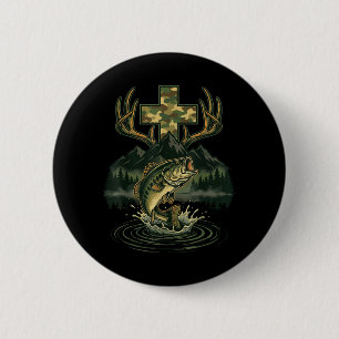 Fishing Hunting Christian Cross Mountain Jesus 6 Cm Round Badge