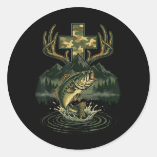 Fishing Hunting Christian Cross Mountain Jesus Classic Round Sticker