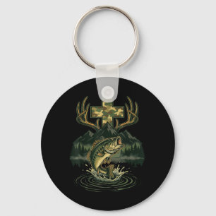 Fishing Hunting Christian Cross Mountain Jesus Key Ring