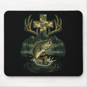 Fishing Hunting Christian Cross Mountain Jesus Mouse Pad