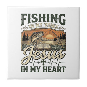 Fishing In My Veins Jesus In My Heart Vintage Ceramic Tile