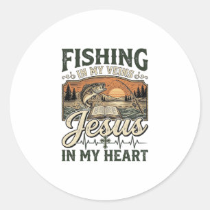 Fishing In My Veins Jesus In My Heart Vintage Classic Round Sticker