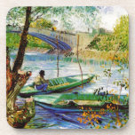 Fishing in Spring, Vincent van Gogh. Beautiful fis Coaster<br><div class="desc">Fishing in Spring,  Vincent van Gogh. Beautiful fishing man,  boat and river painting.</div>