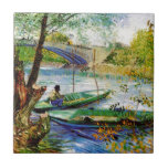 Fishing in Spring, Vincent van Gogh. Beautiful fis Tile<br><div class="desc">Fishing in Spring,  Vincent van Gogh. Beautiful fishing man,  boat and river painting.</div>