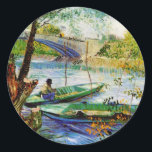 Fishing in Spring, Vincent van Gogh. Classic Round Sticker<br><div class="desc">Fishing in Spring,  Vincent van Gogh. Beautiful fishing man,  boat and river painting.</div>
