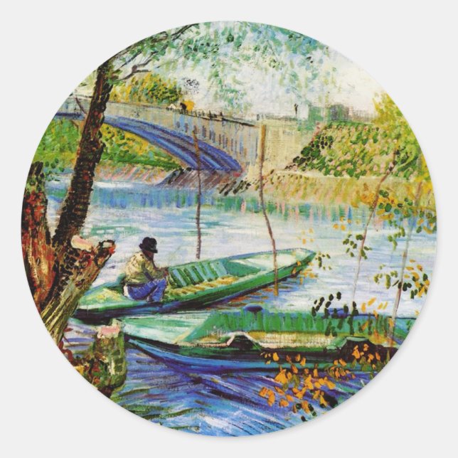 Fishing in Spring, Vincent van Gogh. Classic Round Sticker (Front)