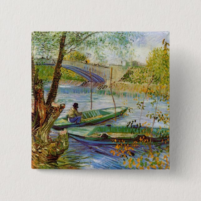 Fishing in the Spring, Vincent van Gogh (F354) 15 Cm Square Badge (Front)