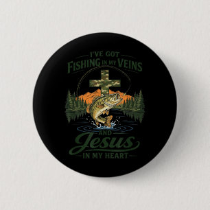 Fishing In Veins Jesus In Heart Christian Fishing 6 Cm Round Badge