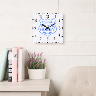 Fishing is my hobby shield quote on crest square wall clock