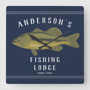 Fishing Lodge in Blue, Bass and Family Square Wall Clock