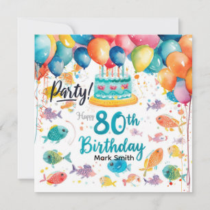 Fishing Lover 80th Birthday Watercolor Invitation