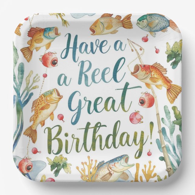 Fishing Lovers Birthday themed watercolor Paper Plate (Front)