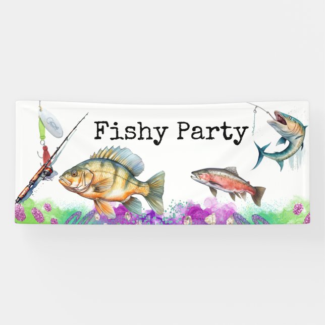 Fishing lovers birthday with Fish  Hook watercolor Banner (Horizontal)