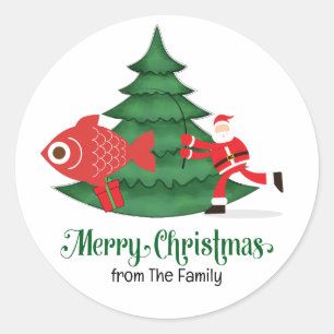 Fishing Lovers Christmas Holiday with Santa Claus Classic Round Sticker