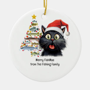 Fishing Lovers Christmas  Santa Claus Cat Lovers Ceramic Ornament