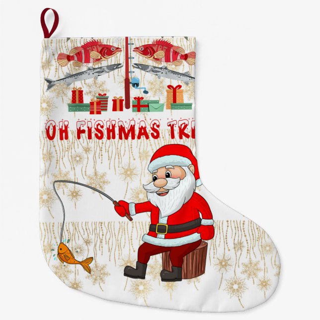 Fishing Lovers Christmas with Santa Claus Large Christmas Stocking (Front)