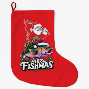 Fishing Lovers Christmas with Santa Claus Large Christmas Stocking