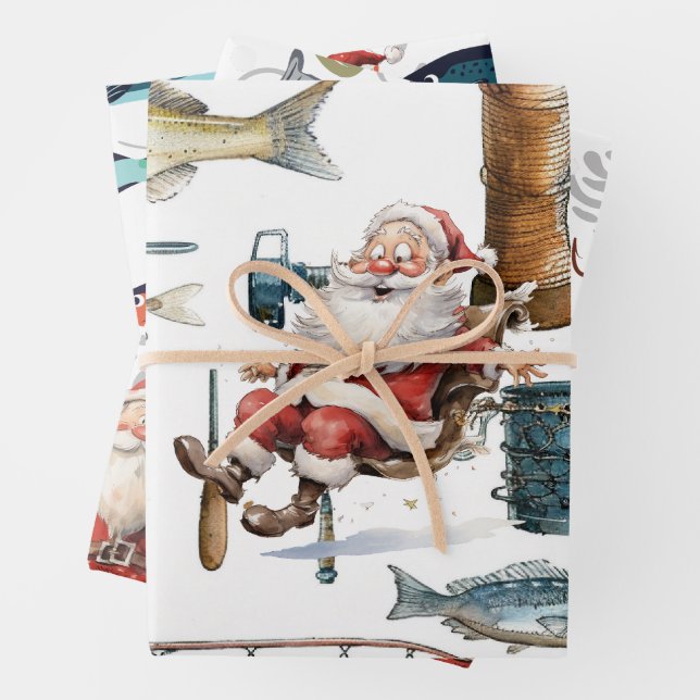Fishing Lovers Christmas with Santa Claus Wrapping Paper Sheet (In situ)