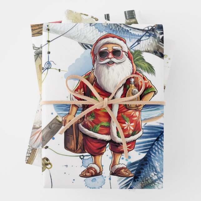 Fishing Lovers Christmas with Santa Claus Wrapping Paper Sheet (In situ)