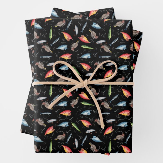 Fishing Lures on Black Wrapping Paper Sheet (In situ)