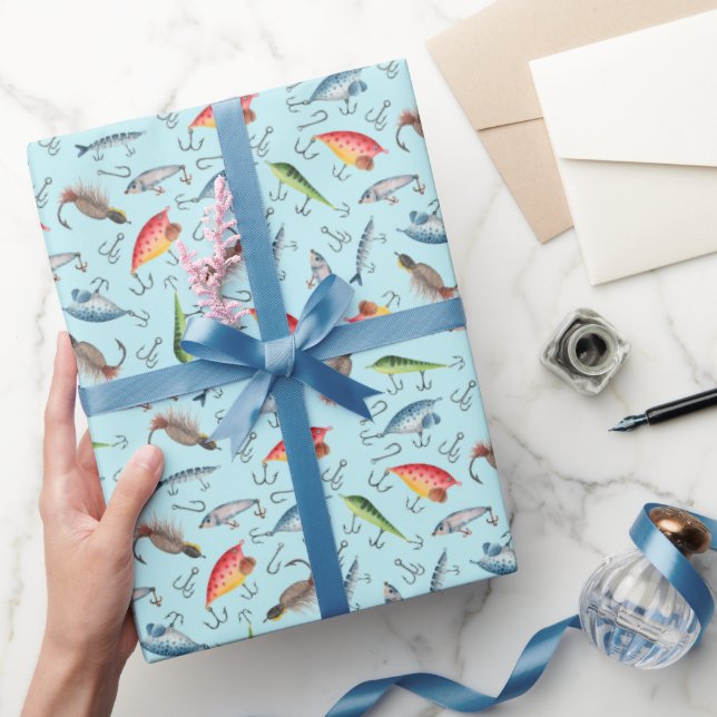Fishing Lures on Celeste Blue Wrapping Paper (Gifting)