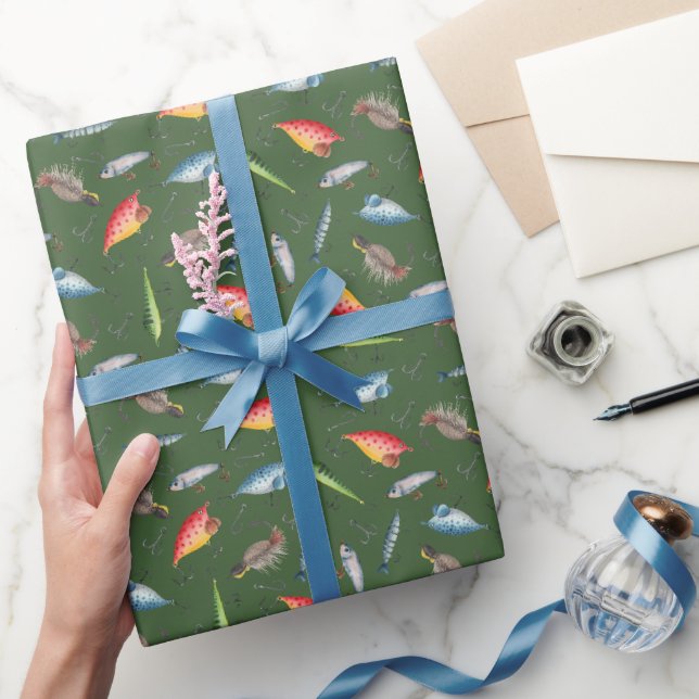 Fishing Lures on Forest Green Wrapping Paper (Gifting)