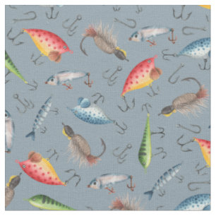 Fishing Lures on Grey-Blue Fabric