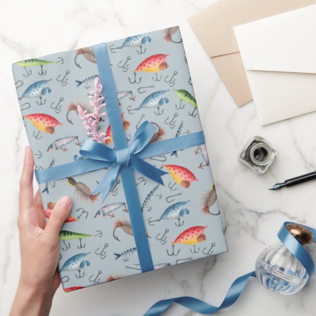 Fishing Lures on Light Blue-Grey Wrapping Paper (Gifting)