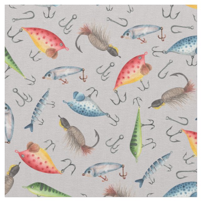 Fishing Lures on Light Grey Fabric (Close Up)