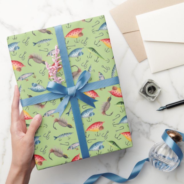 Fishing Lures on Light Spring Green Wrapping Paper (Gifting)