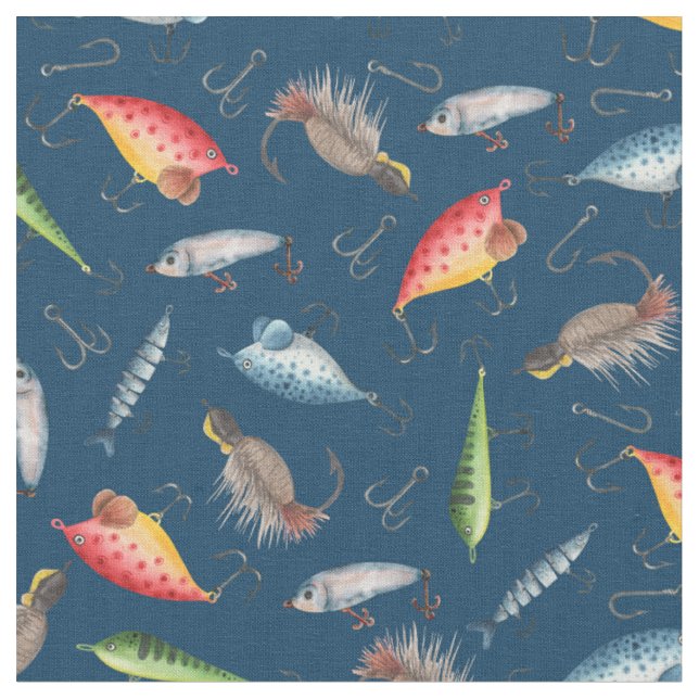 Fishing Lures on Navy Blue Fabric (Close Up)