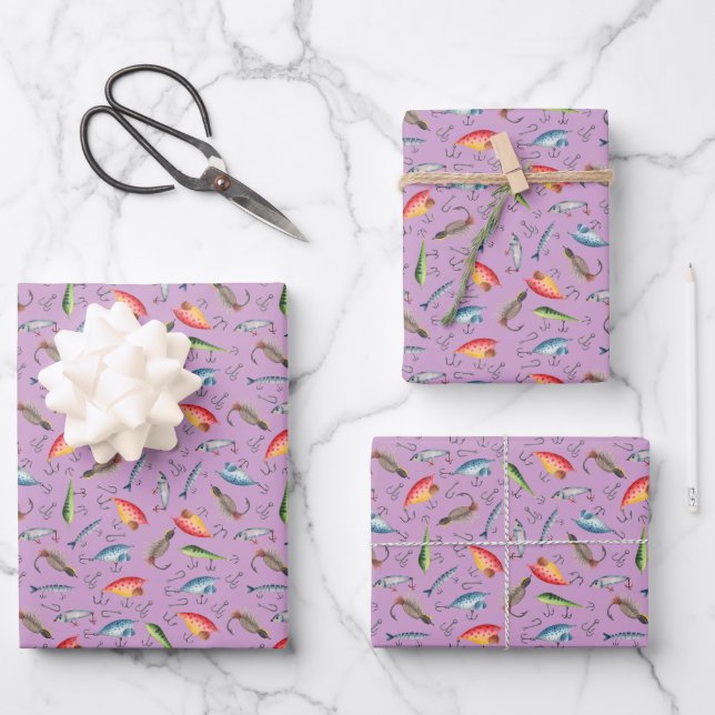 Fishing Lures on Purple Wrapping Paper Sheet (Front)