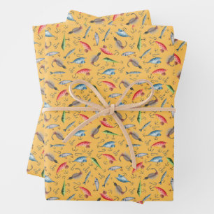 Fishing Lures on Yellow Wrapping Paper Sheet