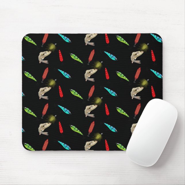 Fishing Lures With Fish On Black Mouse Pad (With Mouse)