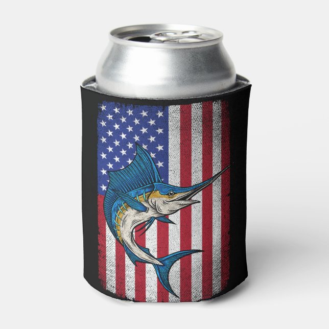 Fishing Marlin Swordfish Fish USA American Flag  Can Cooler (Can Front)