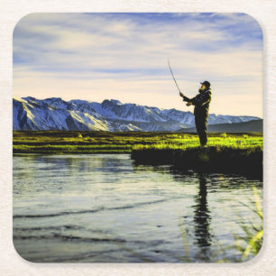 Fishing Mountain Lake Fisherman Square Paper Coaster