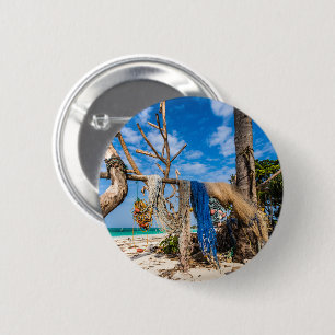 Fishing nets drying on the beach 6 cm round badge