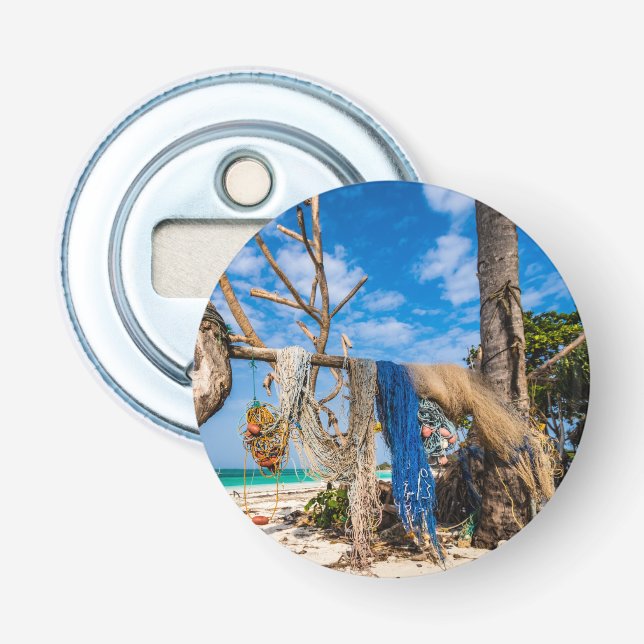 Fishing nets drying on the beach bottle opener (Front)