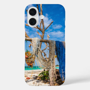 Fishing nets drying on the beach iPhone 16 case