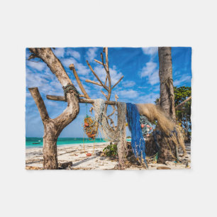 Fishing nets drying on the beach fleece blanket