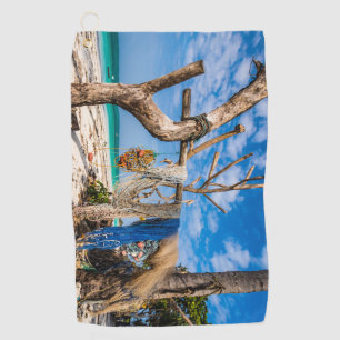 Fishing nets drying on the beach golf towel